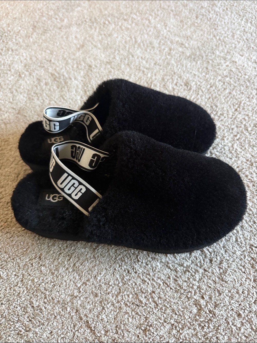 UGG Black Fuzzy Slip-On Shearling Slides with Branded Heel Strap
